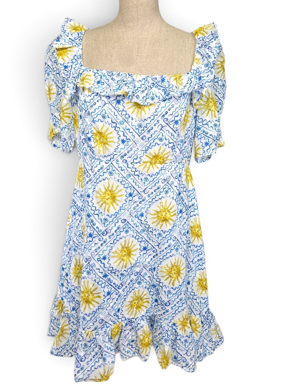 RIXO Camile Dress M US 8 Sun Print Open Back Puff Sleeve Ruffle Mini Sundress